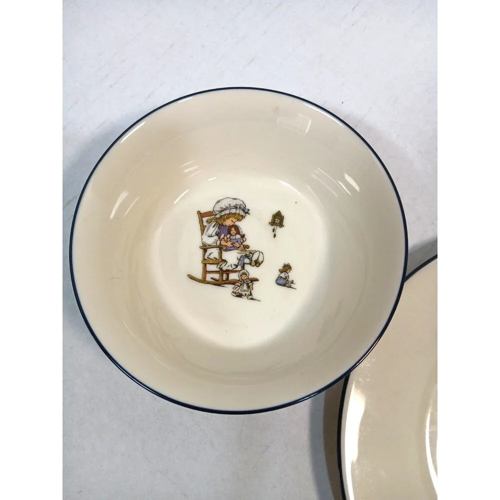 Vintage Lenox Holly Hobbie Child’s Plate and Bowl Set Blue Rim Nursery Baby Dish